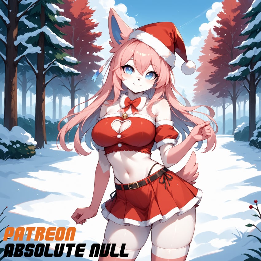 1girls absolute_null ai_generated anthro blue_eyes bowtie christmas christmas_outfit cute eeveelution female fur furry_ears furry_tail looking_at_viewer outside pink_fur pokemon pokemon_(species) santa_costume santa_hat skimpy smile snow solo standing sylveon uncensored white_fur winter