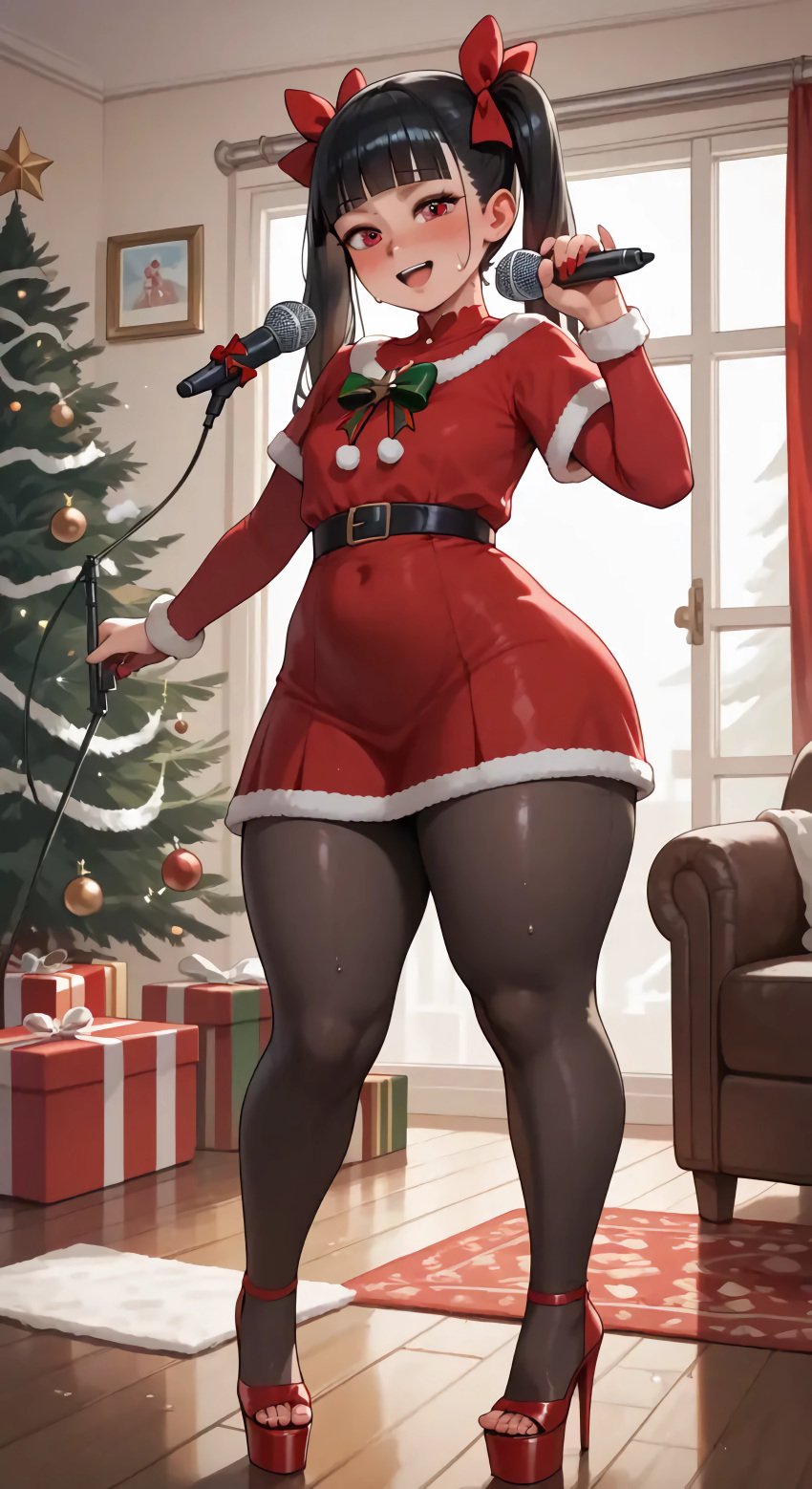 1girls ai_generated big_hips blush christmas curvy curvy_body curvy_female curvy_figure happy hi_res high_heels highres indoors leggings looking_at_viewer platform_heels red_dress side_view singing smile sweat sweatdrop synthneon thick_thighs twintails wide_hips