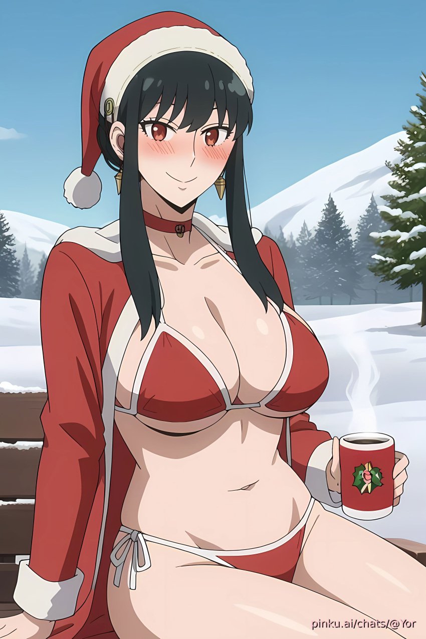 ai_generated bikini breasts christmas cold female girl hot milf pinku pinku.ai pinkuai snow spy_x_family wallpaper winter yor_forger