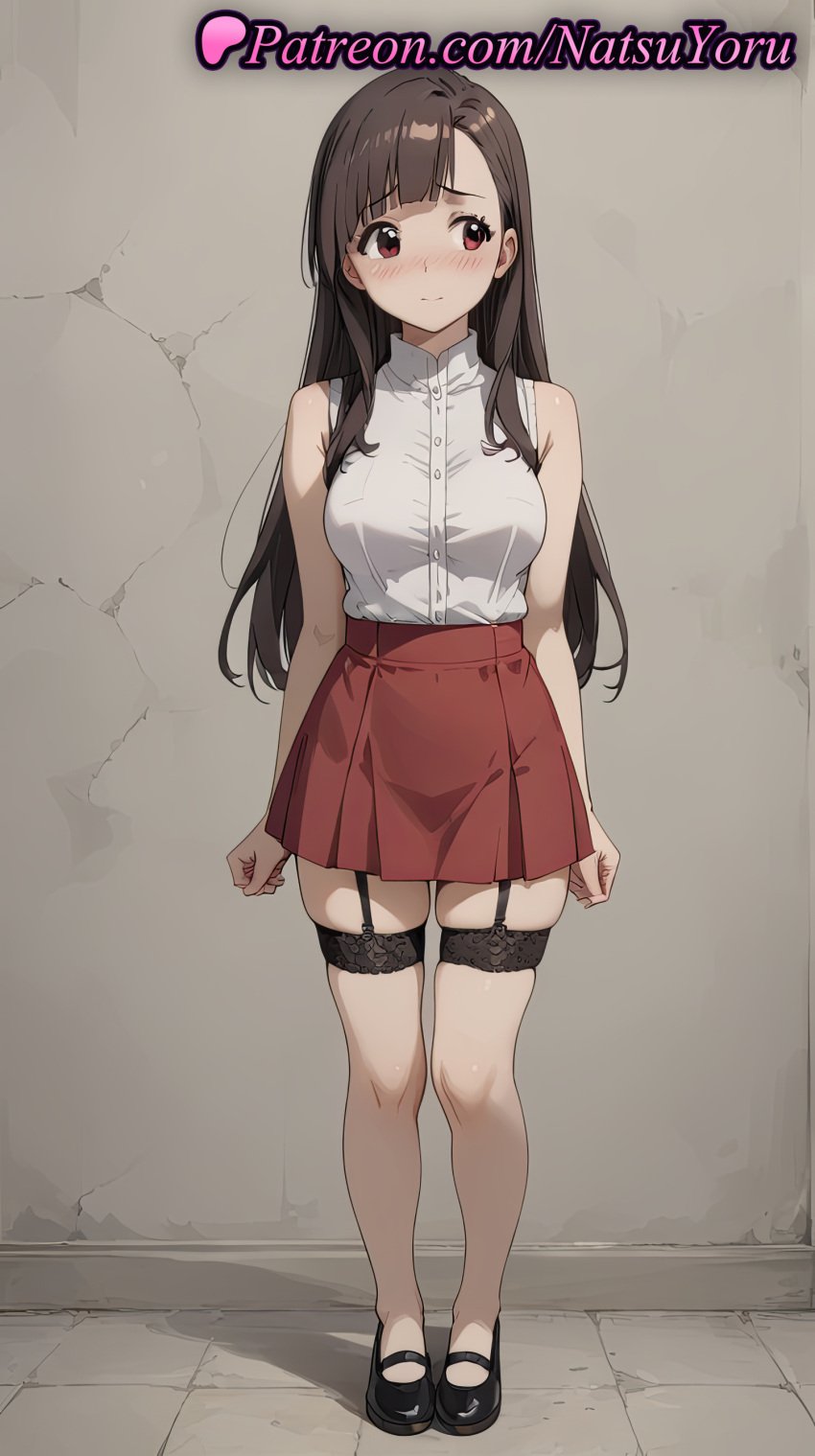 1girls ai_generated anime anime_style arms_at_sides asian asymmetrical_bangs averting_eyes bangs bare_arms bare_shoulders black_footwear black_garter_straps blunt_bangs blush breasts brown_eyes brown_hair bust busty buttons clenched_hands closed_mouth collared_shirt female female_focus female_only full_body garter_belt garter_straps hentai high-waist_skirt high_heels kono_subarashii_sekai_ni_shukufuku_wo! lace-trimmed_legwear lace_trim large_breasts long_hair looking_at_viewer looking_away looking_to_the_side mary_janes medium_breasts miniskirt natsuyoru pleated_skirt red_eyes red_skirt shirt shirt_tucked_in shoes skindentation skirt sleeveless sleeveless_blouse sleeveless_shirt smile solo solo_female standing straight_hair thighhighs thighs voluptuous voluptuous_female white_shirt yuiyui_(konosuba) zettai_ryouiki