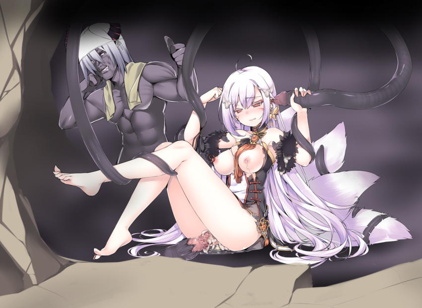 1boy 1girls ahoge ara_haan bare_shoulders barefoot blush breasts clenched_teeth clothing cum cum_in_pussy cum_inside cum_on_hair dark_skin earrings elsword facial_mark feet female fox_tail highres incest jewelry kuro_(kuronell) lactation legs_together long_hair milk multiple_tails muscle nipples penetration penis penis_tentacles pussy ran_(elsword) red_eyes restrained sex silver_hair sitting sleeveless soles step-incest step-siblings step_brother step_sister tail tentacle tentacle_grab thumbs_up toes torn_clothes vaginal_penetration very_long_hair