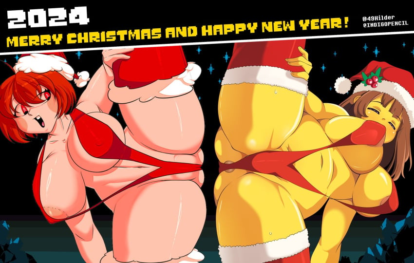 2girls alternate_version_available big_areola big_breasts big_nipples chara christmas closed_eyes demon_girl frisk hilder lifting_leg naked_female presenting_pussy pussy_lips red_bra red_eyes santa_hat undertale undertale_(series) white_body yellow_body