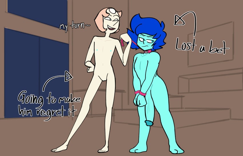 big_penis blue_skin blush cartoon_network completely_nude femdom feminine_male handcuffs huge_cock isketch_smut labradorite_(isketch_smut) large_penis leash long_penis looking_away lost_bet original_character pale_skin pearl_(steven_universe) smaller_male steven_universe wrist_cuffs