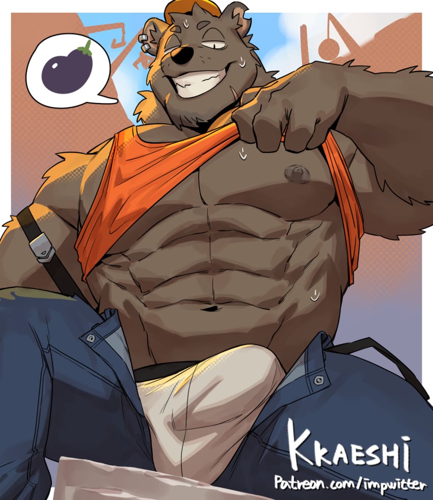 5_fingers abs anthro areola bear biped bodily_fluids brown_body brown_fur bulge clothed clothing construction_worker ear_piercing fingers fur hi_res impwitter male mammal muscular muscular_anthro muscular_male nipples notched_ear pecs piercing smile solo sweat text url