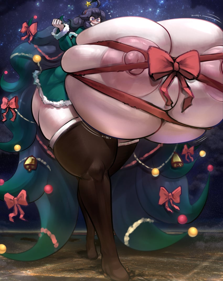 1girls breasts christmas female game_freak giantess gipehtyboon hex_maniac huge_breasts hyper_breasts light-skinned_female light_skin long_hair massive_breasts nintendo pokemon pokemon_xy purple_eyes purple_hair yboon