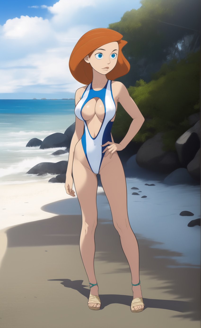 1girls ai_generated ann_possible beach big_breasts blue_eyes cleavage curvy curvy_female cutout detailed_background female female_only hand_on_hip highleg_swimsuit kim_possible mature_female milf mommy ocean one-piece_swimsuit orange_hair outdoors self_upload short_hair solo stable_diffusion swimsuit