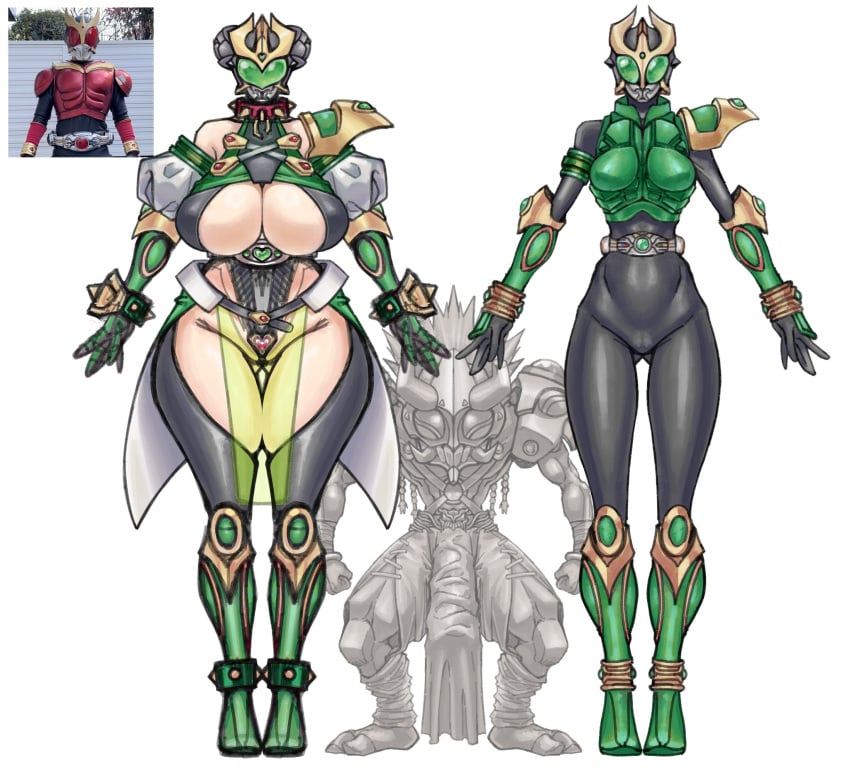 2d belt big_breasts big_penis collar digital_media_(artwork) galactic_art heart kamen_rider kamen_rider_kuuga_(series) masked masked_female monster monster_cock short_male shoulder_pads spikes standing taller_female taller_girl transparent_clothing veil wide_hips