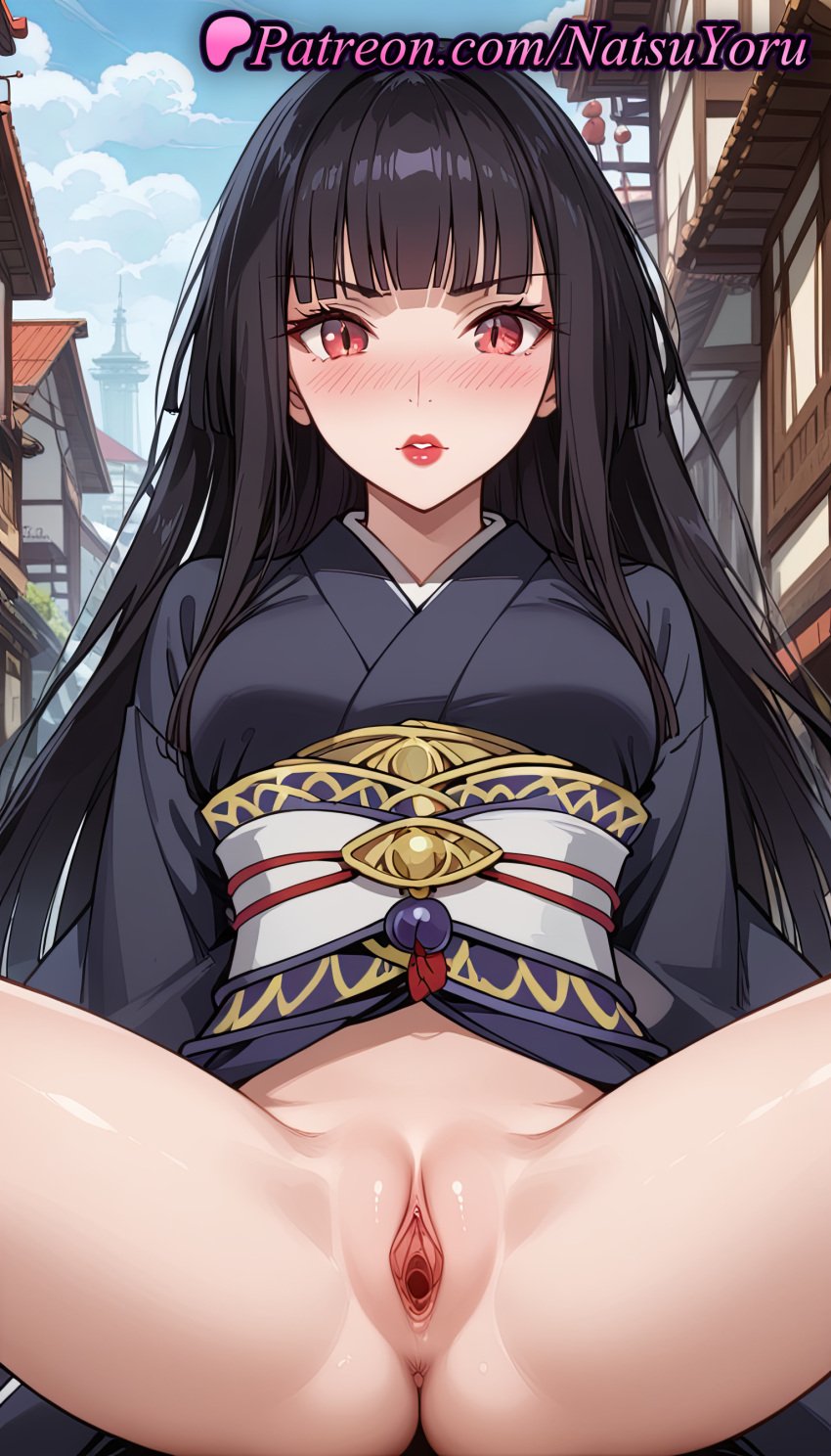 1girls ai_generated anime anime_style anus asian asshole bangs black_hair black_kimono blue_sky blunt_bangs blush bottomless breasts building bust busty clitoris cloud day east_asian female female_focus female_only glass_(tate_no_yuusha_no_nariagari) hentai hime_cut japanese_clothes kimono labia labia_majora labia_minora lips lipstick long_hair long_sleeves looking_at_viewer makeup medium_breasts natsuyoru no_panties nose_blush obi obiage obijime outdoors parted_lips public_indecency pussy pussy_lips pussy_peek red_eyes red_lips sash sitting sky solo solo_female spread_legs tate_no_yuusha_no_nariagari the_rising_of_the_shield_hero thighs uncensored vagina voluptuous voluptuous_female vulva wafuku