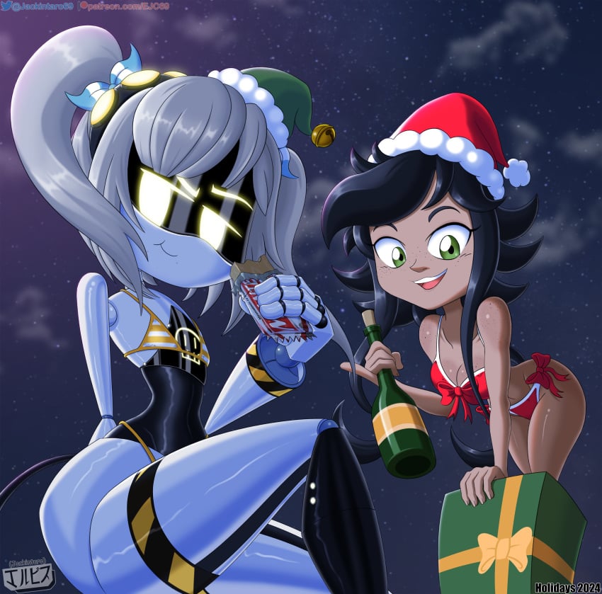 bikini black_hair breasts christmas clothing dark_skin digital_media_(artwork) disassembly_drone fanart female food freckles glitch_productions green_eyes grey_hair human humanoid j_(murder_drones) jackintaro looking_at_viewer murder_drones open_mouth outside ribbon ribbons robot robot_girl smile tail tessa_elliot twintails twintails white_body yellow_eyes