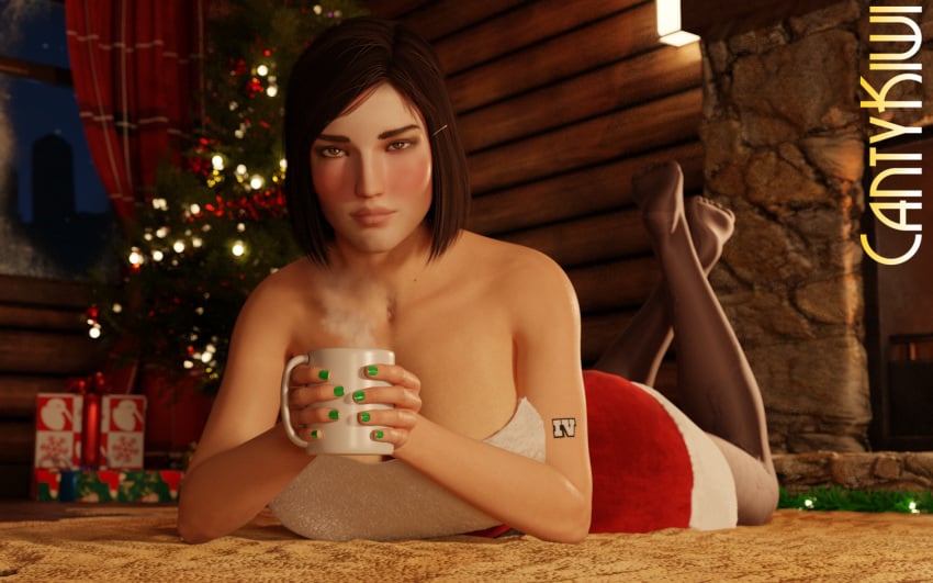 3d big_breasts bob_cut cantykiwi christmas christmas_outfit christmas_tree coffee feet_up female female_focus female_only fully_clothed grand_theft_auto grand_theft_auto_iv green_nails karen_daniels looking_at_viewer michelle_(gta) pantyhose tattoo