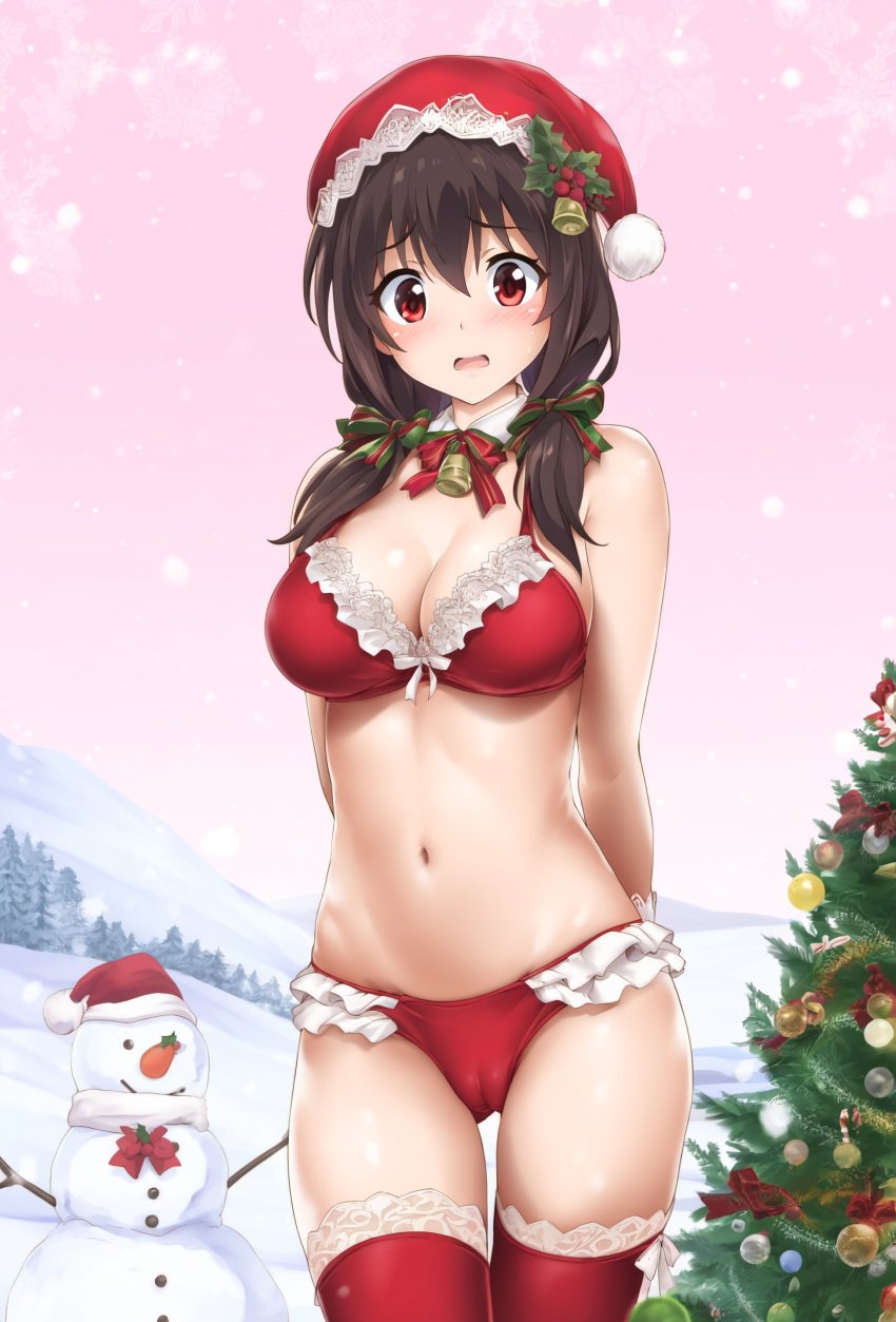 1girls ai_generated big_breasts bikini blush brown_hair cameltoe christmas female female_only gloves kono_subarashii_sekai_ni_shukufuku_wo! looking_at_viewer red_bikini red_eyes thighhighs yunyun_(konosuba)