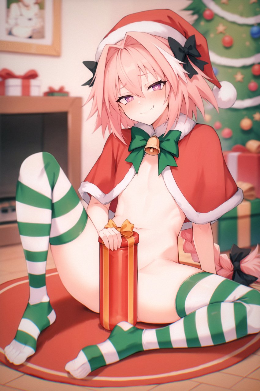 1boy ai_generated ap2-ai-artist astolfo_(fate) astolfo_(fate/apocrypha) braid capelet christmas christmas_clothing christmas_outfit christmas_tree covered_nipples covering_crotch fate/apocrypha fate/grand_order fate_(series) femboy flesh_fang heart-shaped_pupils hi_res high_resolution naked nude otoko_no_ko pink_hair purple_eyes santa_hat spread_legs stockings striped_legwear