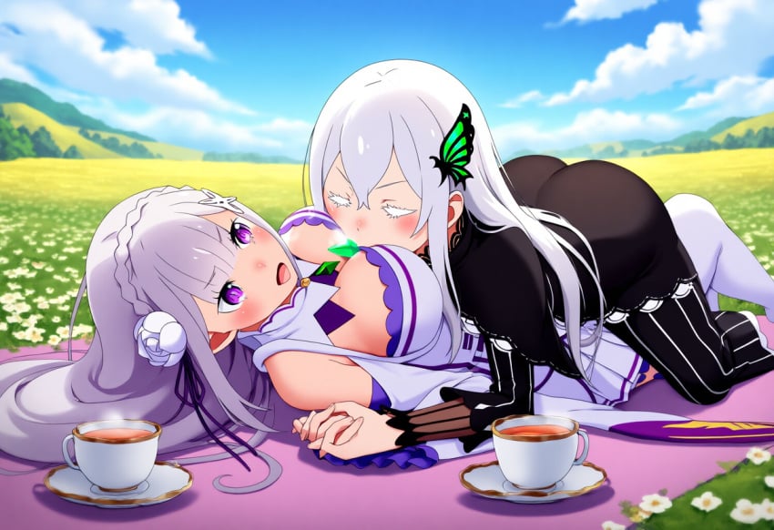 2girls ai_generated big_ass big_breasts big_butt blush blushing_female blushing_profusely breast_grab breast_squeeze breath bubble_ass bubble_butt cleavage deep_cleavage echidna_(re:zero) emilia_(re:zero) face_between_breasts face_in_breasts female female_only groping groping_breasts huge_ass huge_breasts image_set kissing large_breasts licking massive_breasts moaning motorboating narrow_waist open_mouth picnic re:zero_kara_hajimeru_isekai_seikatsu self_upload tea tea_party teacup thick_thighs tongue wide_hips yeetyboi5000 yuri yuri