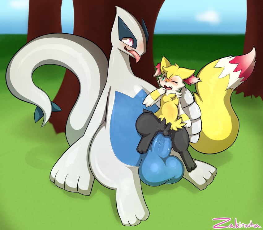 absurd_res anal anal_sex anthro arm_tuft balls blush bodily_fluids braixen canid canine chair_position cheek_tuft chest_tuft detailed_background digital_media_(artwork) duo erection facial_tuft feral forest from_behind_position fur generation_2_pokemon generation_6_pokemon genital_fluids genitals green_eyes grey_(dgbraixen) hi_res inner_ear_fluff leaking_precum legendary_pokemon lugia male male/male male_penetrated male_penetrating male_penetrating_male mammal nintendo one_eye_closed open_mouth penetration penile penis penis_size_difference plant pokemon pokemon_(species) precum precum_on_ass precum_on_belly precum_on_leg precum_on_penis red_body red_fur sex shoulder_tuft signature sitting sitting_on_ground size_difference tail tree tuft white_body white_fur yellow_body yellow_fur zakiredlight