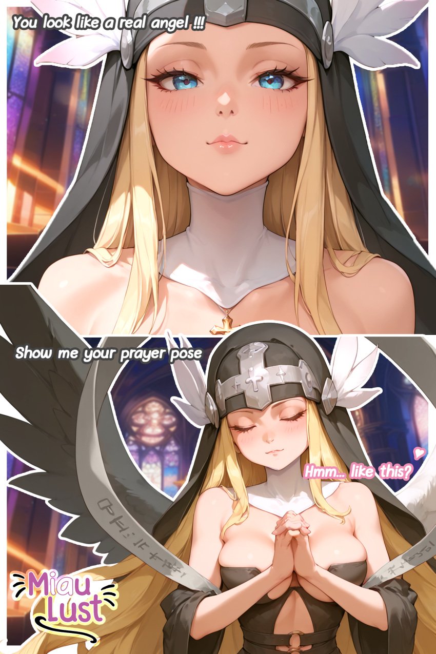 ai_generated angel angel_wings angewomon angewomon_x blonde_hair blue_eyes church digimon digimon_adventure digimon_adventure_tri. digimon_tamers ia ia_generated miaulust nun nun_habit nun_outfit sexy.ai sexy_clothing