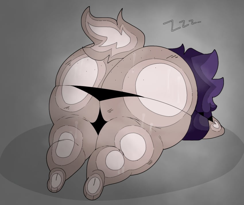 anthro big_ass big_thighs black_panties cute feet grey_fur huge_ass huge_thighs hyper laying_down laying_on_stomach purple_hair sleeping steam steaming_body sweat thick_ass thick_thighs