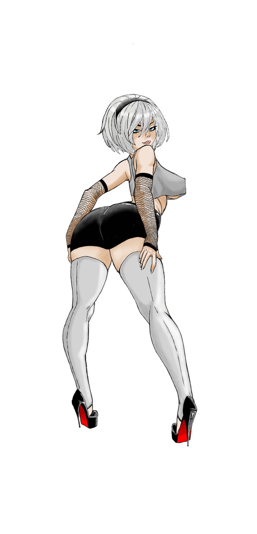 ass blue_eyes colored drawing dressed grey_hair high_heels looking_at_viewer looking_back nier:_automata presenting sketch stiletto_heels thighhighs white_hair yorha_2b