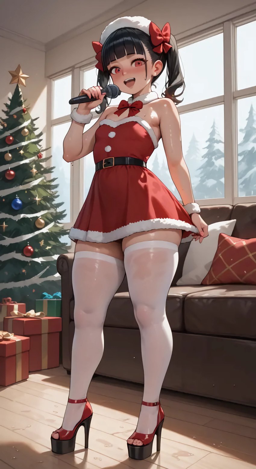 1girls ai_generated blush christmas curvy curvy_body curvy_female curvy_figure happy hi_res high_heels highres indoors leggings looking_at_viewer platform_heels red_dress side_view singing smile synthneon thick_thighs twintails