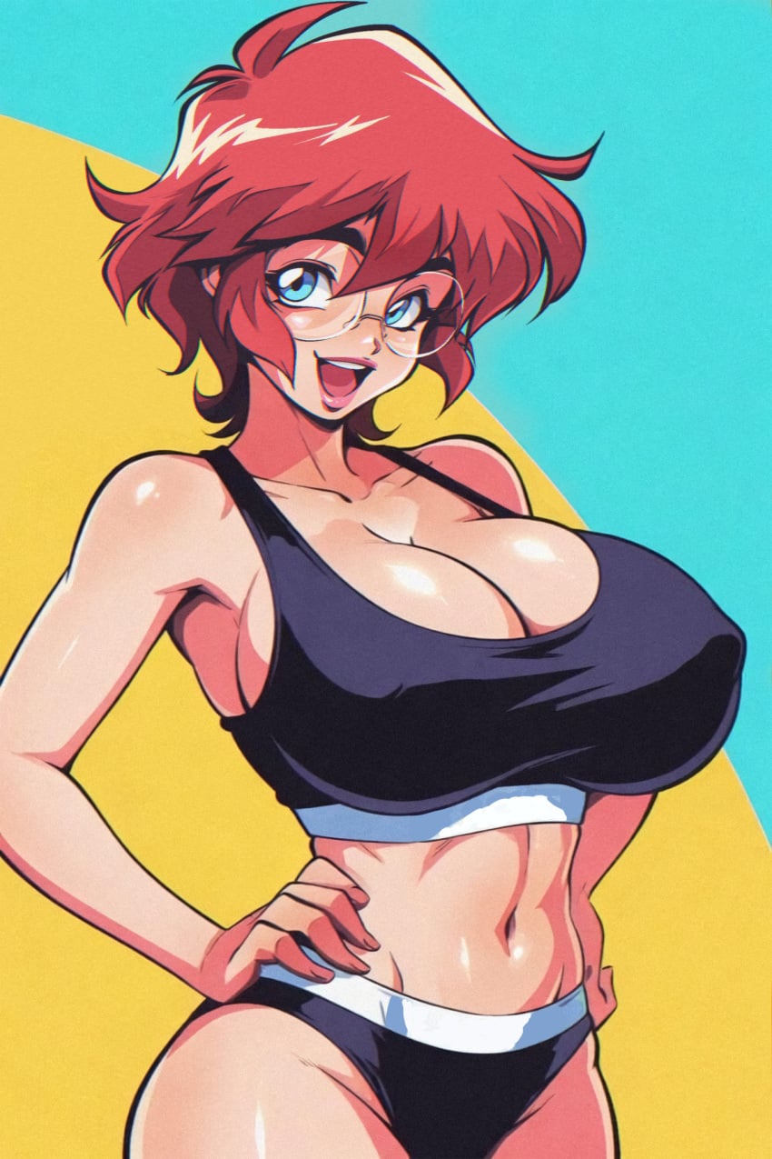 1girls ai_assisted ai_generated balak big_breasts blue_eyes breasts cleavage edit female female_only glasses grok hi_res huge_breasts maxine_(balak) panties red_hair short_hair smile solo solo_female sports_bra third-party_edit voluptuous