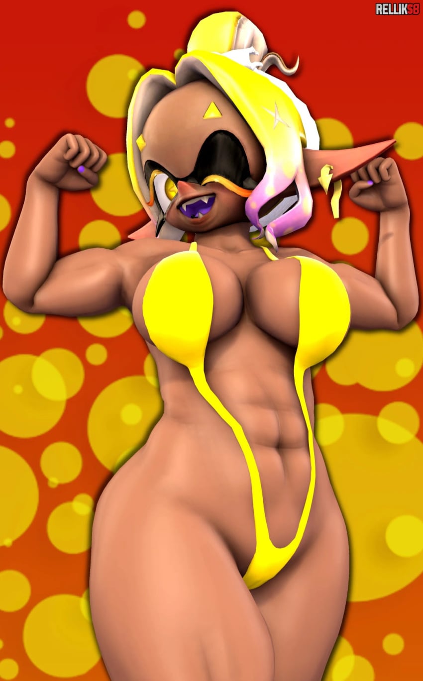 1girls 3d bluesky_link dark-skinned_female female female_focus frye_(splatoon) frye_(splatoon_raiders) frye_onaga inkling looking_at_viewer muscles muscular muscular_female nintendo relliksb sling_bikini slingshot_swimsuit splatoon splatoon_(series) splatoon_raiders winking_at_viewer