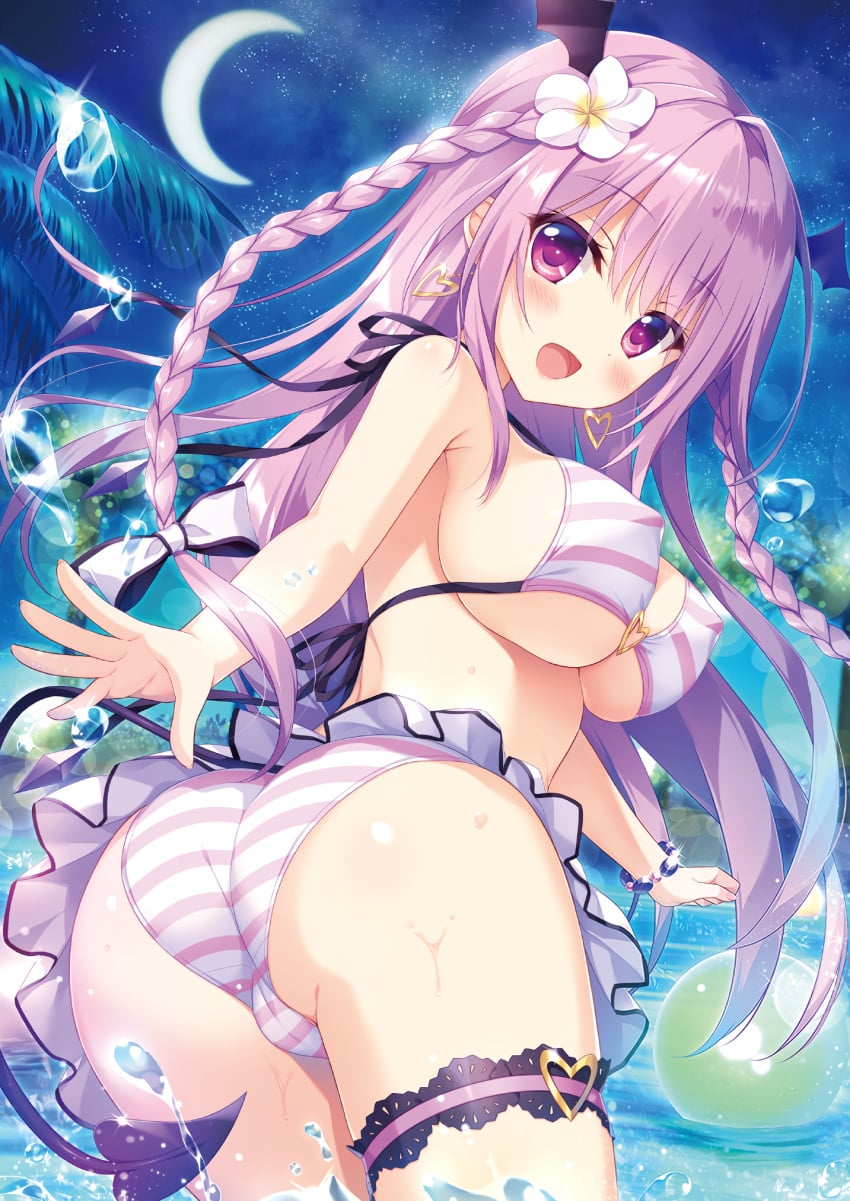 1girl ameto_yuki ass bat_wings beach bikini bikini_bottom bikini_top blue_sky blush braided_hair breasts cameltoe demon_tail devil_tail flower flower_hair_ornament frilled_bikini frills hair_ornament highres large_breasts looking_at_viewer original palm_leaf palm_tree purple_hair sea side_braids small_but_busty tail tied_hair wings wings_on_head