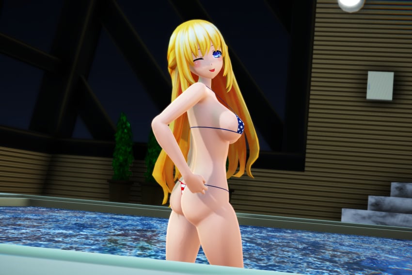 1girls 3d adjusting_clothes adjusting_swimsuit american_flag_bikini ass big_breasts bikini blonde_hair blue_eyes busty hi_res large_breasts legs long_hair looking_at_viewer looking_back naughty_face neptunia_(series) pool sensual sexy sideboob smile solo thighs thong_bikini tongue tongue_out turnaround vert voluptuous water wink