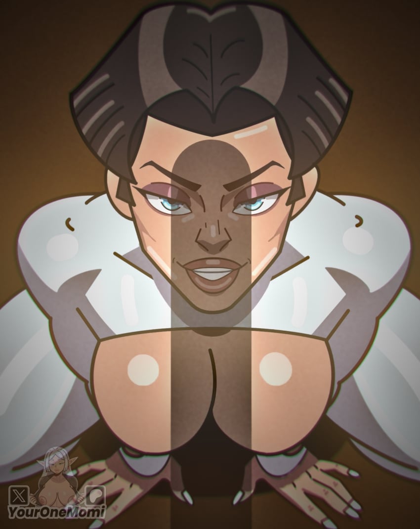 1boy1girl 2d 2d_(artwork) anissa female invincible invincible_(tv_series) kneeling male muscles muscular muscular_female penis_shadow pov pov_eye_contact ready_for_more smile viltrumite youronemomi