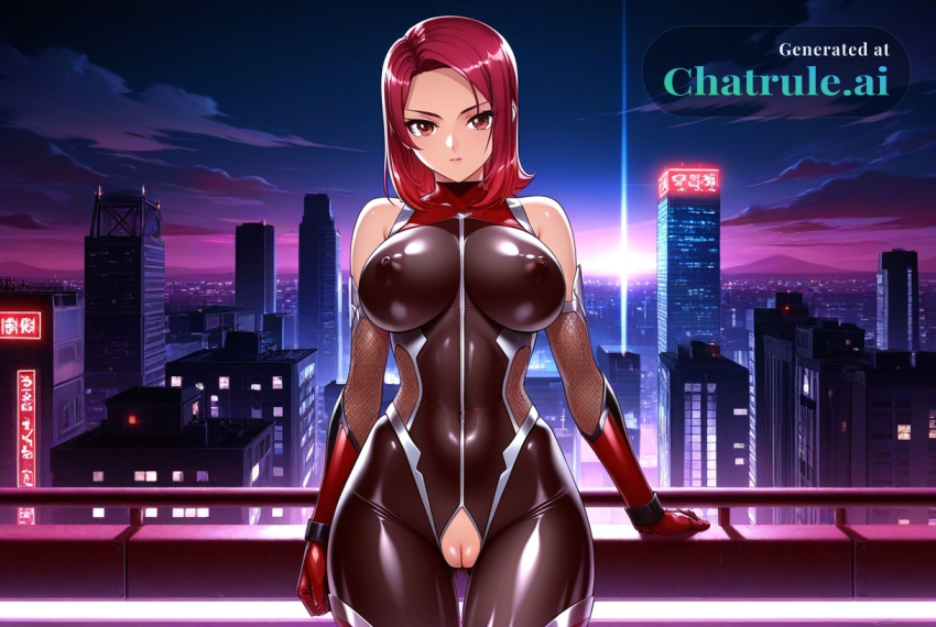 1girl ai_assisted ai_generated armor bare_shoulders barrette black_bodysuit city cityscape clouds cowboy_shot crotchless curvy dark_theme detailed_pussy elbow_gloves fishnets gloves high_contrast kagami_hirotaka koukawa_oboro looking_at_viewer neon_lights night night_sky outdoors red_eyes red_hair short_hair soft_shading taimanin_asagi_zero taimanin_suit thigh_gap visible_pussy