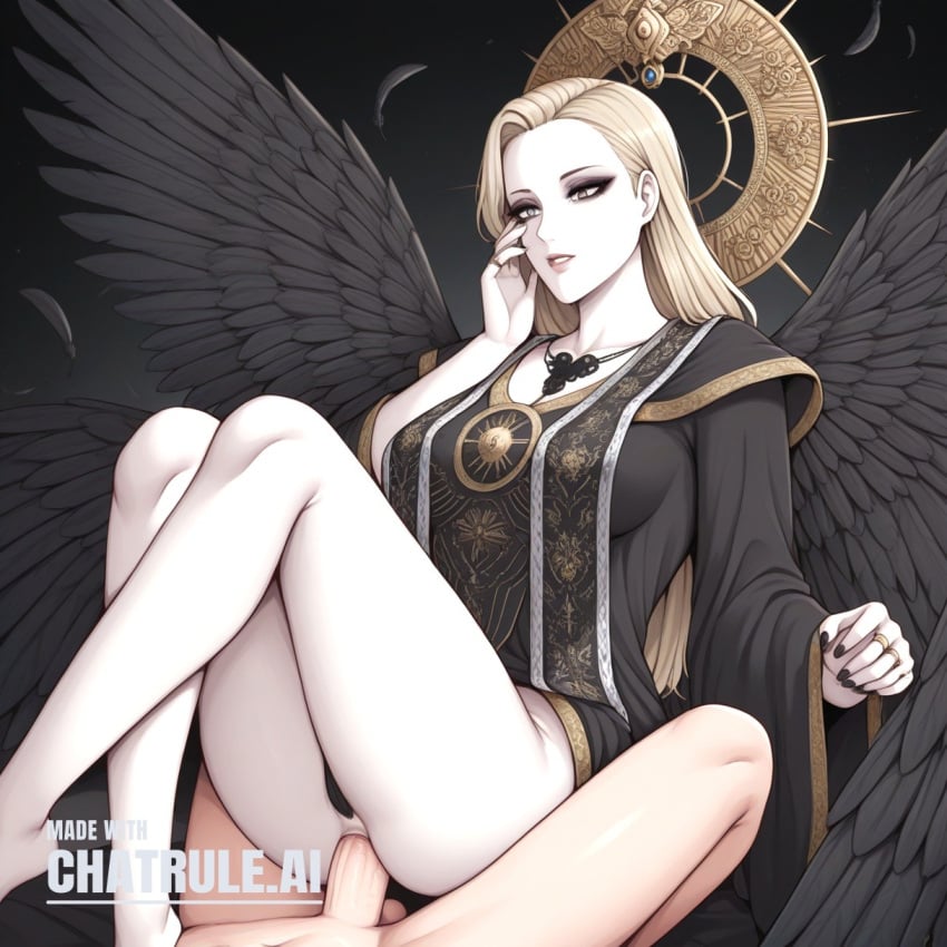 1girl ai_assisted ai_generated anal anal_penetration big_dick black_wings blonde_hair blue_eyes carrying dark_eyeshadow feathered_wings feathers full_lips gray_eyes halo jewelry leg_lock lips long_hair makeup mature_woman mother_miranda_(resident_evil) pale_skin platinum_blonde_hair ring robe soft_skin wings