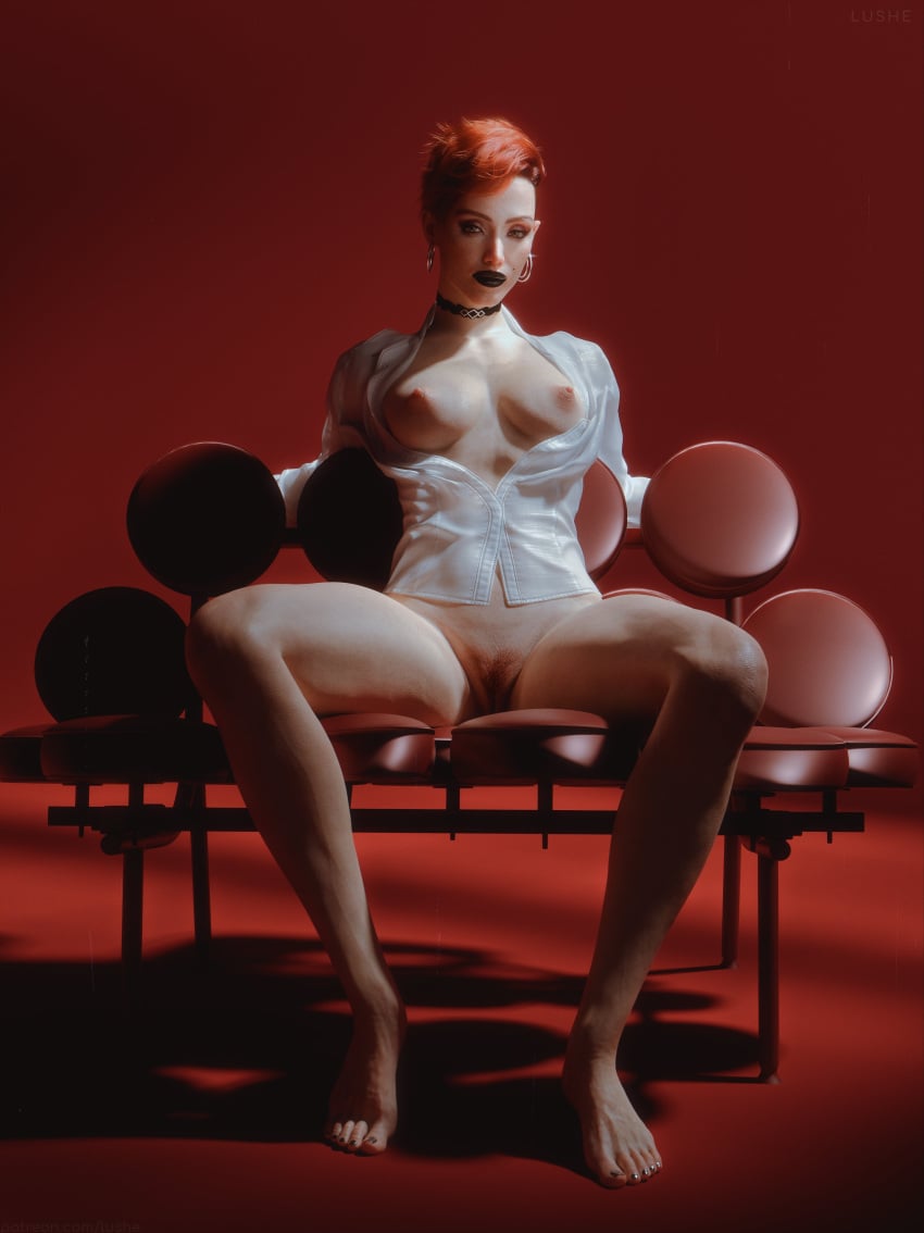 1girls 3d 3d_(artwork) areolae aurore_cassel black_lipstick breasts breasts_out cd_projekt_red choker cyberpunk_2077 cyberpunk_2077:_phantom_liberty ear_piercing earrings female female_focus female_only french french_female hairy_pussy light-skinned_female light_skin lipstick looking_at_viewer lushe3d makeup medium_breasts nipples pale-skinned_female pale_skin partially_clothed perky_breasts pubes pubic_hair red_hair short_hair sitting spread_legs yellow_eyes