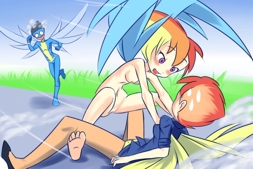 1boy 2girls blush bodysuit breasts drantyno friendship_is_magic full-face_blush human humanized my_little_pony nipples nude o_o on_one_foot open_mouth orange_hair pegasus_wings personification purple_eyes pussy rainbow_dash_(mlp) short_hair soarin_(mlp) spitfire_(mlp) spread_legs straight_hair sweatdrop wind wings yuri