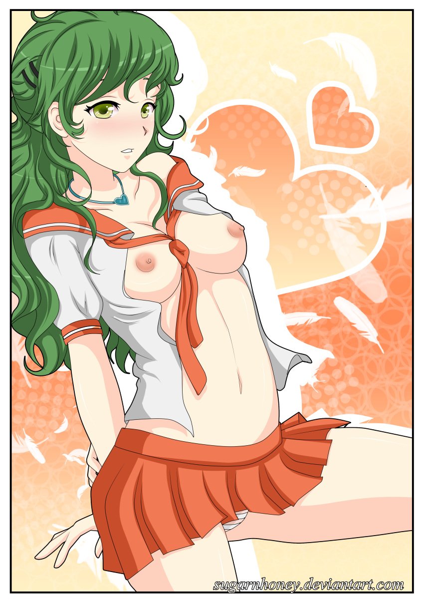 blush breasts feathers female green_eyes green_hair heart high_resolution long_hair navel necklace nipples no_bra off_shoulder open_clothes original panties school_uniform skirt solo striped striped_panties sugarnhoney