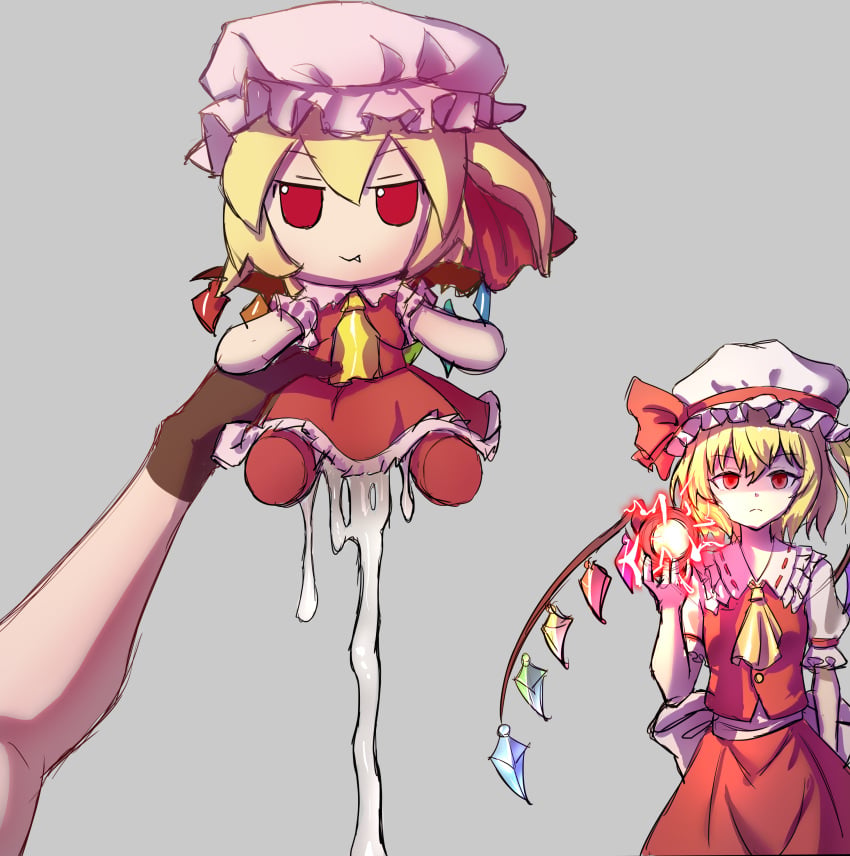 1girl 1other absurdres admiral0828 blonde_hair commentary_request cum dress fang flandre_scarlet fumo_plush hat highres holding impending_doom meme mob_cap multicolored_wings pov red_eyes simple_background sparkle_doll_onahole_(meme) touhou vampire white_hat wings