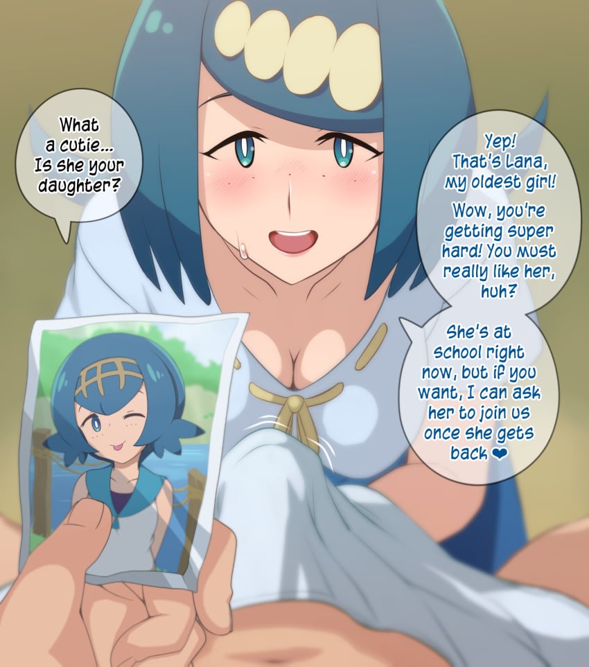 1girl1boy blue_eyes blue_hair cheating e_keroron edit english english_dialogue english_text ero_kaeru hair_ornament handjob lana's_mother_(pokemon) lana_(pokemon) mother mother_and_daughter no_sclera photo photo_(object) pokemon pokemon_sm pov pov_eye_contact prostitution speech_bubble third-party_edit