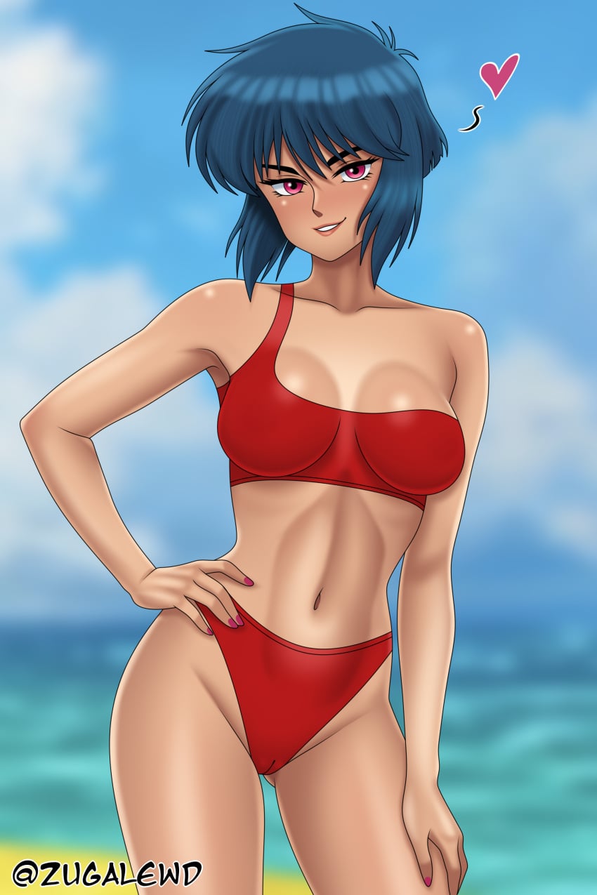 1girls alternate_version_available beach big_breasts bikini bikini_bottom bikini_top blue_hair bottomwear breasts cleavage female female_only ghost_in_the_shell hair hand_on_hip heart kusanagi_motoko lips nail_polish nails pink_eyes pink_nail_polish pink_nails red_bikini short_hair solo solo_female swimwear the_ghost_in_the_shell thighs topwear zugalewd