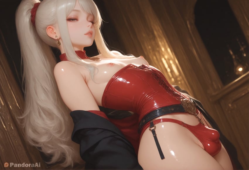 1boy 1femboy absurd_res ai_generated artist_name artist_upload belt blonde_hair breasts bulge bustier corset crossdressing earrings femboy femboy_focus feminine_male gay hi_res indoors jewelry lips long_hair looking_at_viewer male_focus more_at_source nipples otoko_no_ko pandora panties patreon patreon_logo patreon_username penis ponytail red_panties scrunchie self_upload solo testicles transgender uncensored underwear watermark