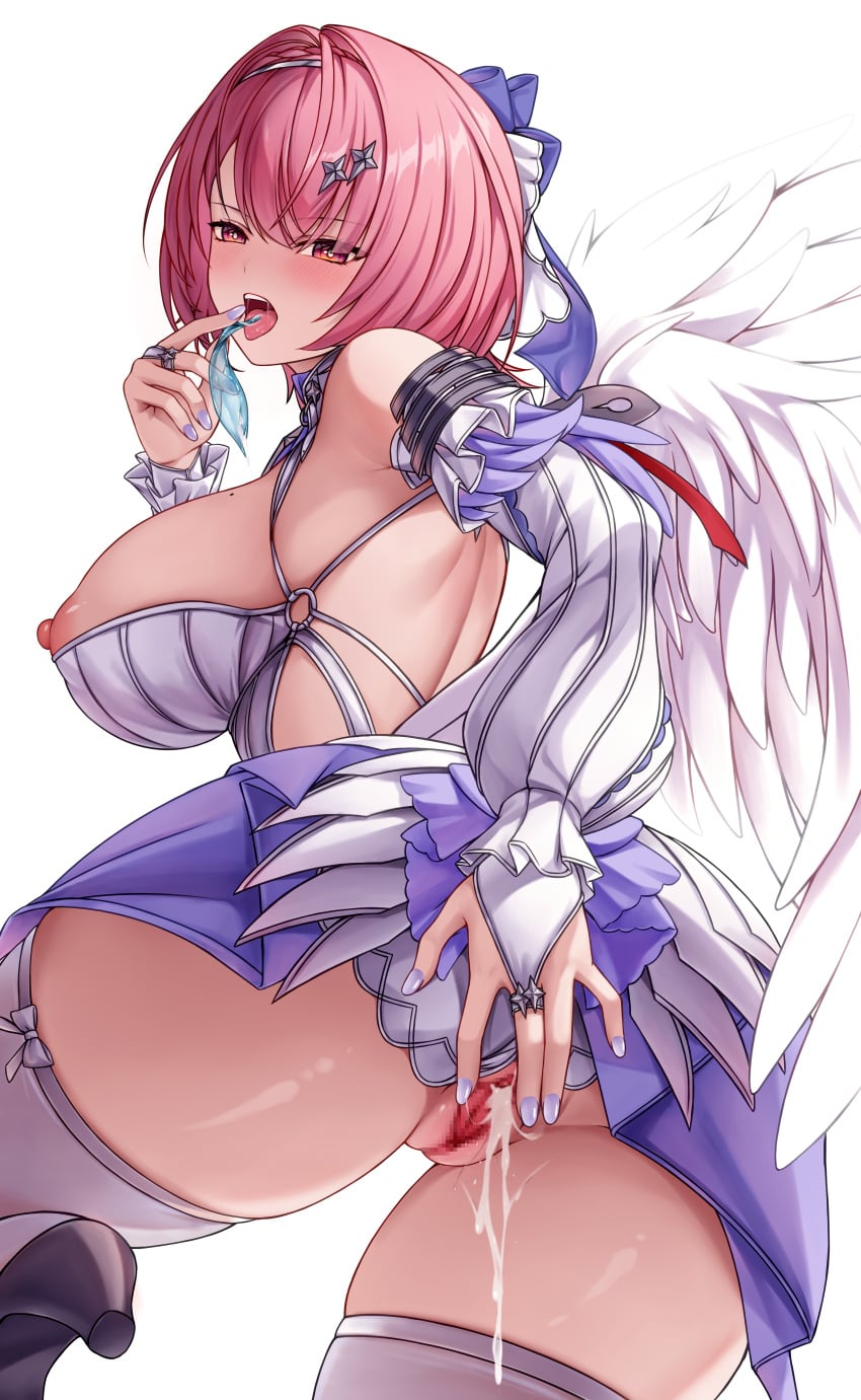 1girl absurdres ass back bare_shoulders blush bow breasts censored chien_zero colored_nails commentary_request condom cum cum_in_pussy cum_overflow detached_sleeves feathered_wings hair_bow hair_ornament hairclip high_heels highres large_breasts large_variant_set long_nails looking_at_viewer mole mole_on_breast mosaic_censoring nipples open_mouth painted_nails pink_eyes pink_hair pussy remielle_dan silver_nails solo thick_thighs tongue tongue_out used_condom variant_set white_background white_wings wings zenless_zone_zero