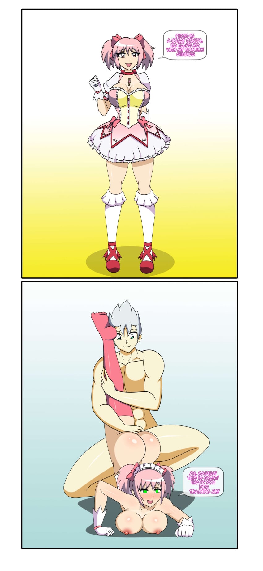 2_panel_comic abs apron before_and_after blush cleavage dlobo777 empty_eyes fides_brunel gloves green_eyes happy_trance kaname_madoka kneehighs large_ass large_breasts magical_girl mahou_shoujo_madoka_magica maid maid_headdress mind_control original pink_eyes pink_hair ribbon ribbons sex shoes short_hair silver_hair smile text thighhighs