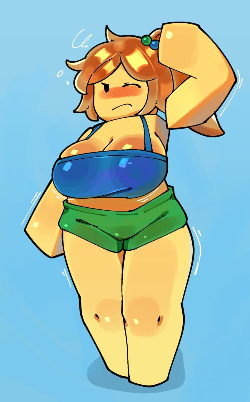 1girls 2026 2d big_breasts blush blushing blushing_female breasts cleavage clothed clothed_female clothing female female_only noob one_eye_closed orange_hair roblox robloxian shorts solo tank_top tchairss thick_thighs thighs yellow_body