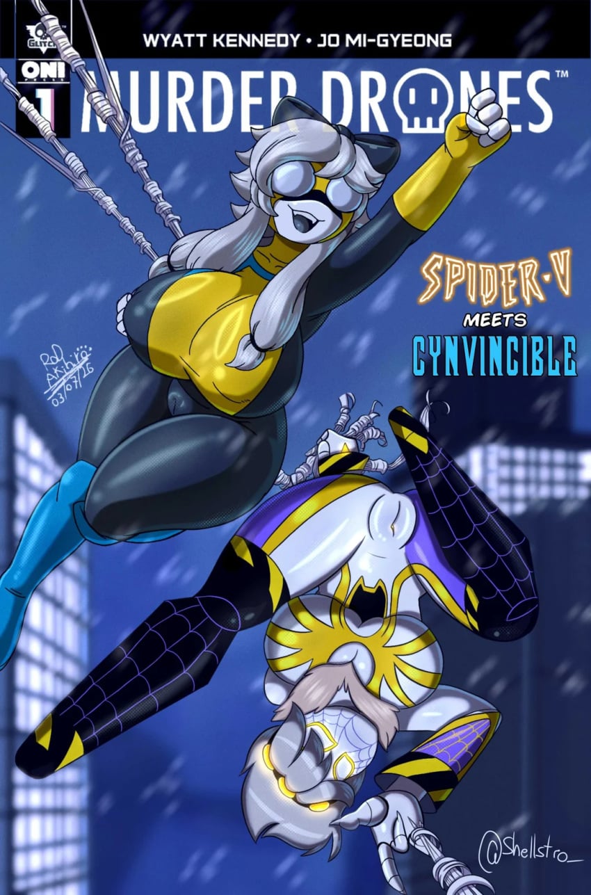 2girls artist_signature black_bow collaboration comic cyn_(murder_drones) detailed_background gray_hair image_comics invincible invincible_(superhero) marvel_comics murder_drones parody partially_clothed robot robot_girl robot_humanoid rod_akihiro shellstro spider-man superheroine tagme v_(murder_drones) white_body