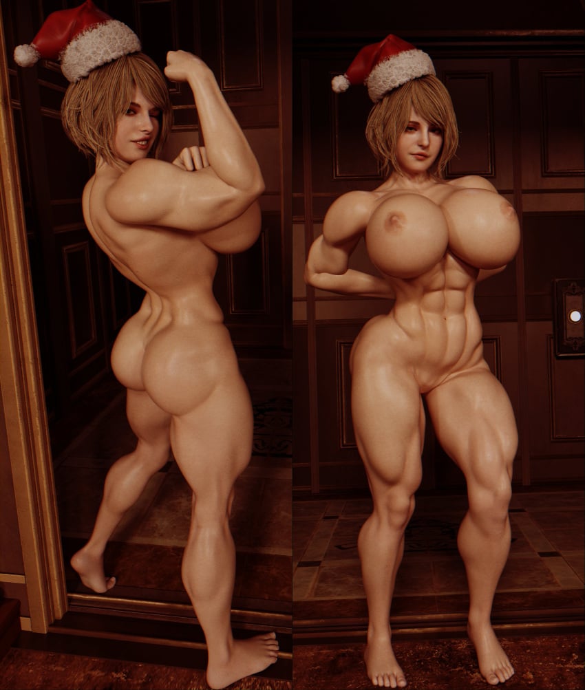 3d abs alternate_muscle_size ashley_graham christmas diag34k flexing muscular_female resident_evil santa_hat