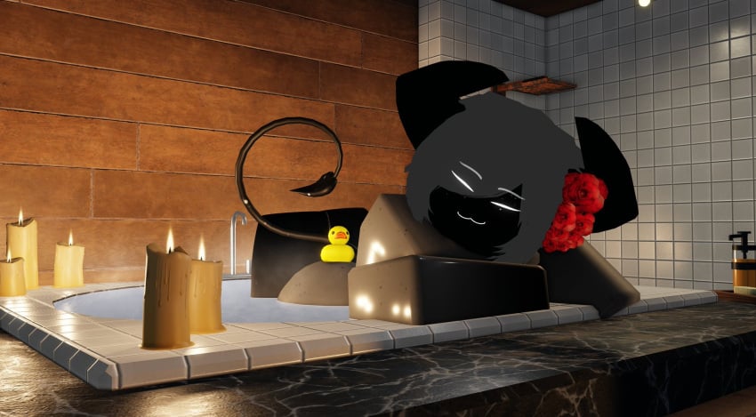 3d 3d_(artwork) bathtub candles demon demon_girl demon_horns demon_tail eldie_(lampshaderr34) female female_focus female_only grey_body lampshaderr34 looking_at_viewer naked original_character roblox robloxian solo_female tagme