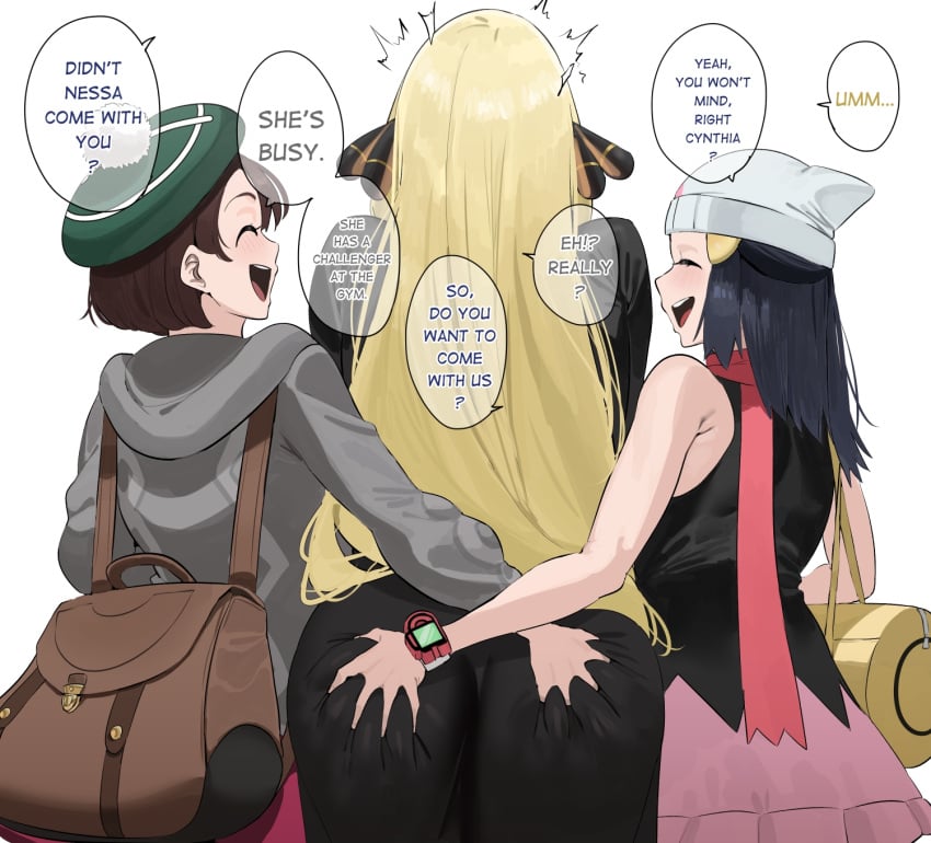 2d 3girls ass ass_grab back_view blonde_hair blue_hair brown_hair clothed clothed_female cynthia_(pokemon) dawn_(pokemon) female female_only game_freak gloria_(pokemon) light-skinned_female light_skin nintendo okpriko pokemon pokemon_dppt pokemon_ss tagme