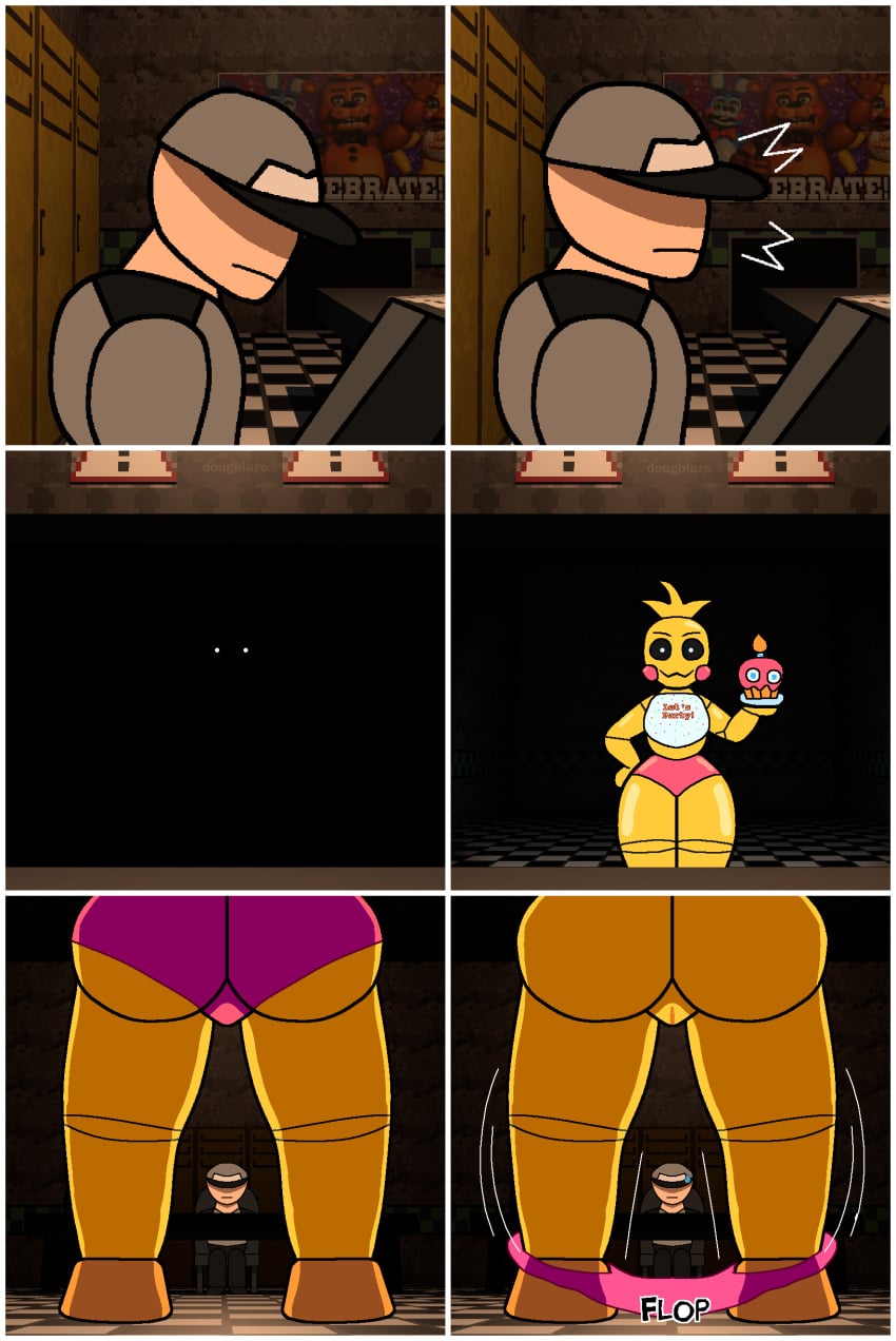 3d_(artwork) 3d_background absurd_res animatronic avian beakless bird border butt chicken clothing comic digital_media_(artwork) dougblaze female five_nights_at_freddy's five_nights_at_freddy's_2 galliform genitals hi_res human machine male mammal mixed_media onomatopoeia panties phasianid robot scottgames security security_guard smile sound_effects text toy_chica_(fnaf) underwear undressing vulva white_border