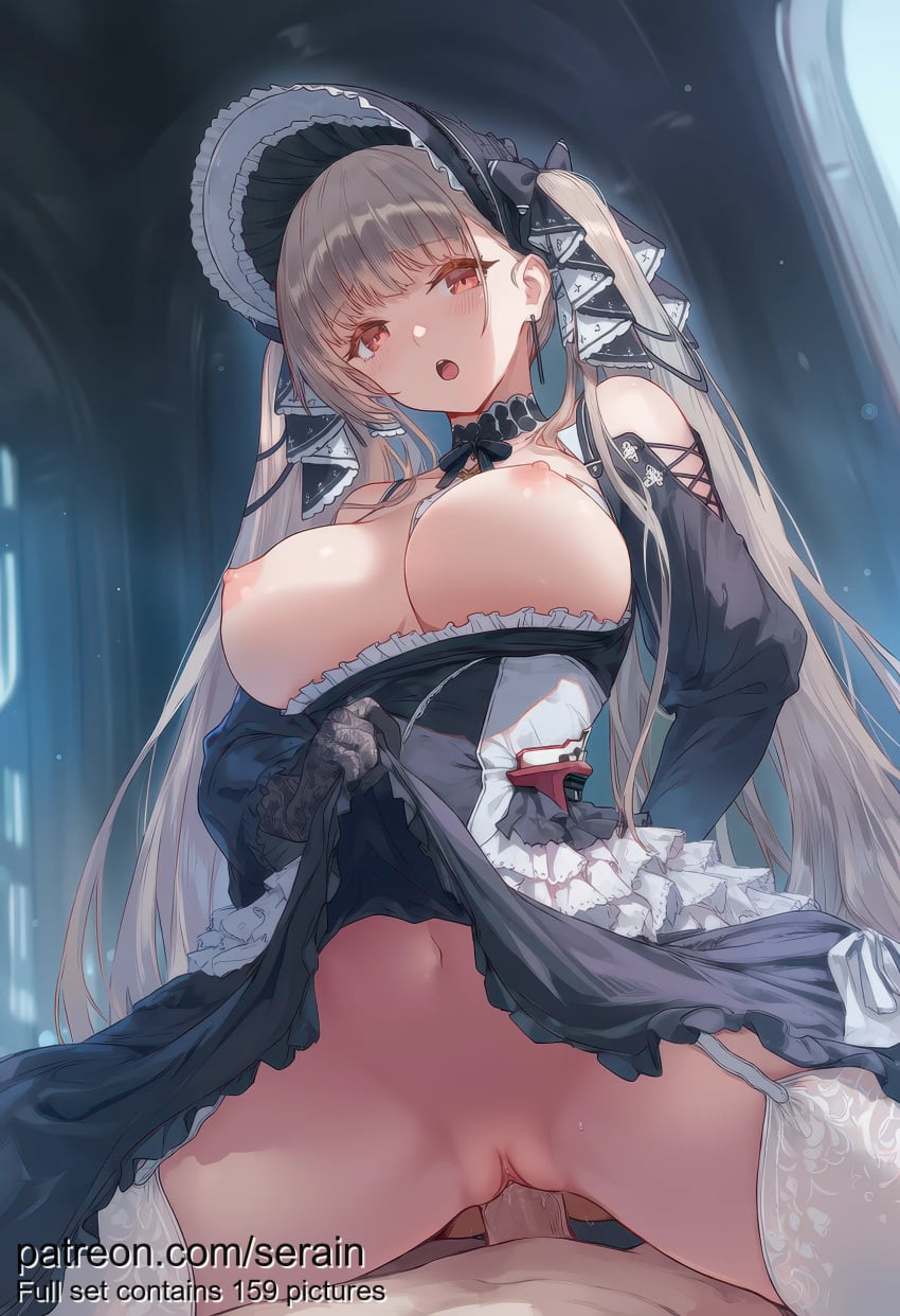 1boy 1girl 2026 ai_generated azur_lane bare_shoulders between_breasts black_dress black_gloves black_ribbon blush breasts breasts_out clitoris clothed_female_nude_male clothes_lift cowgirl_position detached_collar dress dress_lift earrings formidable_(azur_lane) frilled_dress frills garter_straps girl_on_top gloves gothic_lolita grey_hair hair_ribbon hetero highres indoors jewelry lace_trim large_breasts lifted_by_self lolita_fashion long_hair long_sleeves looking_at_viewer navel nipples nsfw nude open_mouth penis pov pussy red_eyes ribbon serain sex solo_focus spread_legs straddling thighhighs thighs twintails two-tone_dress two-tone_ribbon uncensored vaginal very_long_hair white_thighhighs