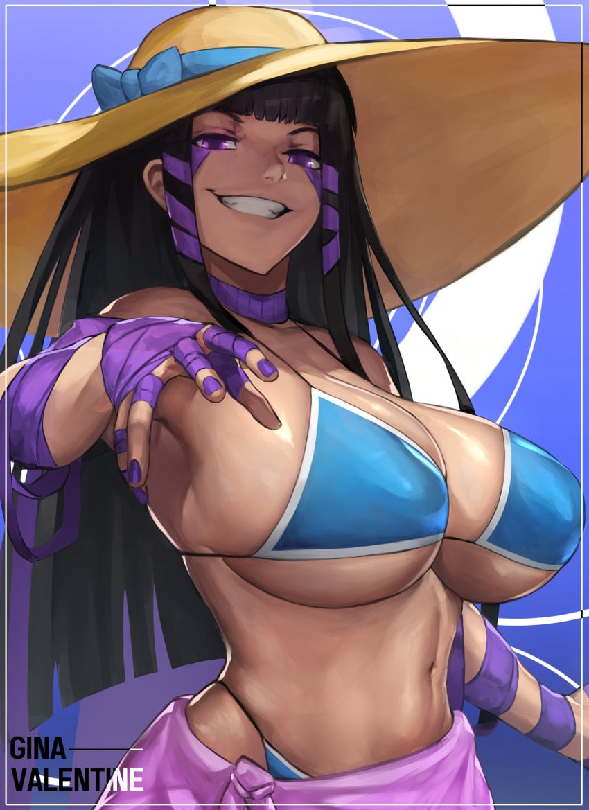 1girls bangs big_breasts bikini bikini_bottom bikini_top black_hair blue_ribbon breasts choker cleavage dark-skinned_female dark_skin eyebrows eyebrows_visible_through_hair eyelashes female female_focus female_only gina_valentine_(noodlensfw) huge_breasts large_breasts long_hair looking_at_viewer midriff navel novum painted_nails purple_eyes purple_nails ribbon smile solo solo_female solo_focus sun_hat underboob