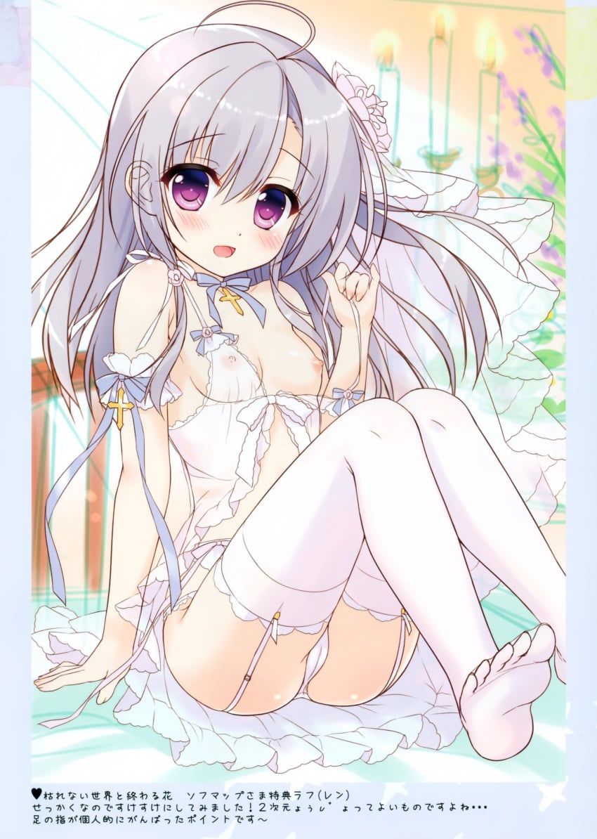 1girl ameto_yuki babydoll blush breasts cameltoe dress flower frilled_dress garter_belt garter_straps gray_hair hair_ornament highres karenai_sekai_to_owaru_hana leaning_back nipples nipples_visible_through_clothing panties ren_(karenai_sekai_to_owaru_hana) see-through see-through_dress sitting skirt_lift small_breasts stockings sweet&tea thighhighs underwear