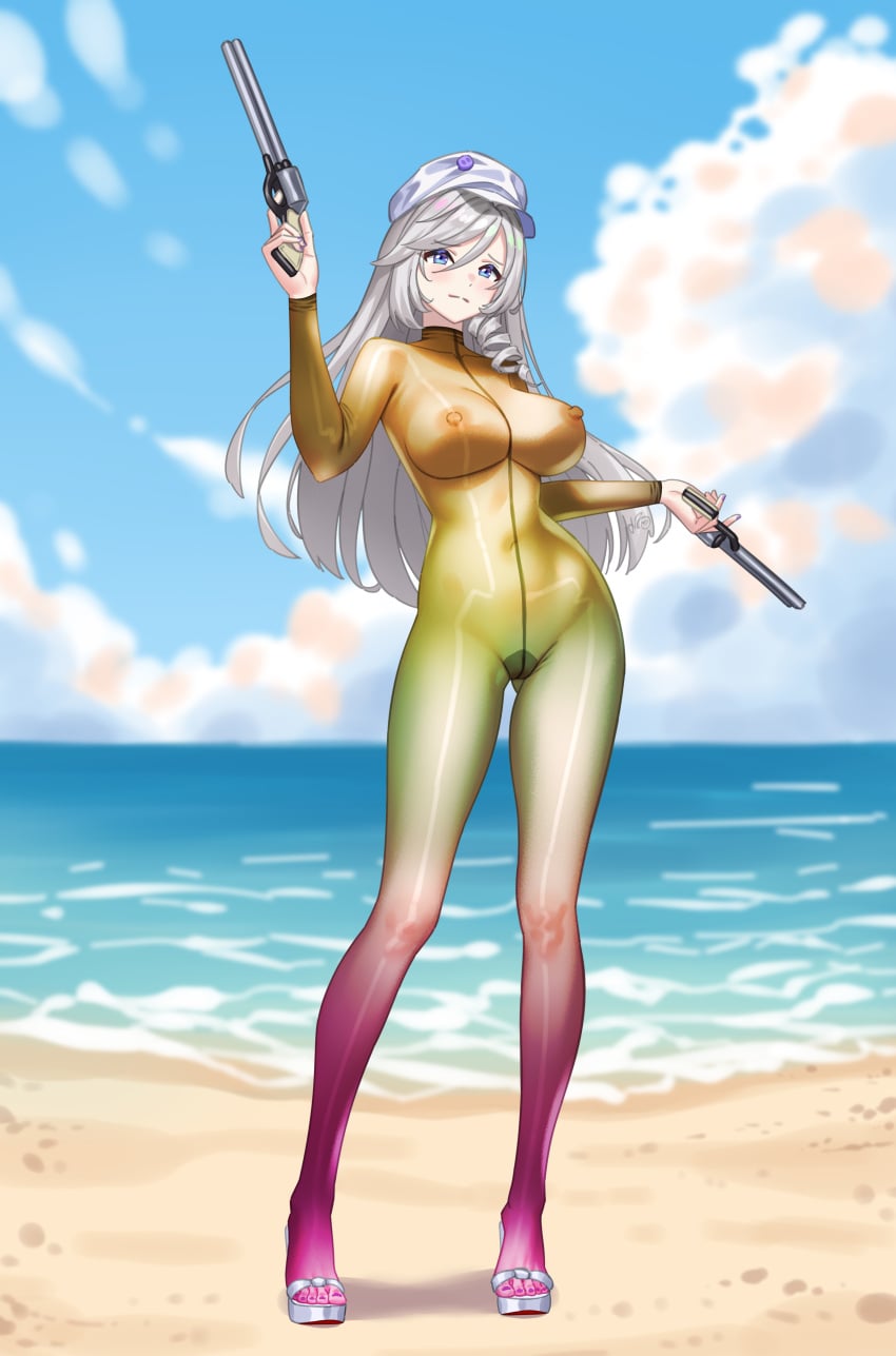 1girl absurdres beach bodysuit breasts choker closed_mouth commentary_request dual_wielding grey_eyes grey_hair gun hat highres holding holding_gun holding_weapon jiuyuan_(nte) jiuyuan_(self-discipline_time)_(nte) large_breasts long_hair looking_at_viewer navel neverness_to_everness nipples outdoors purple_eyes sand shirt smile solo strapless tied_shirt water weapon white_hat xiaoxi0619 yellow_bodysuit