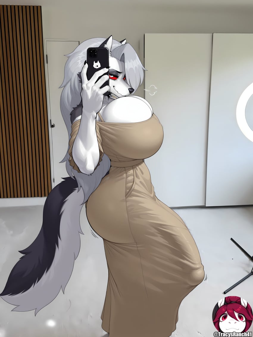 ai_generated balls big_balls big_breasts big_bulge big_penis bulge dress furry futa_only futanari hellhound helluva_boss huge_cock large_breasts long_hair loona_(helluva_boss) massive_penis red_eyes selfie solo solo_futa trend white_hair wolf wolf_ears wolf_tail