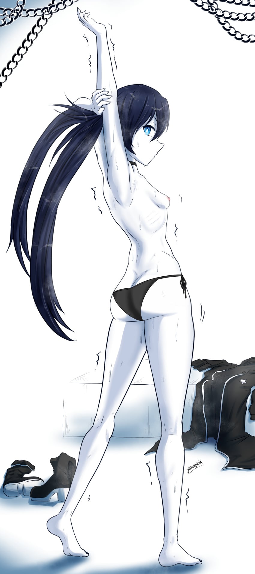 1girl arm_behind_head arms_up artist_name back_view backboob black_hair black_panties black_rock_shooter black_rock_shooter_(character) blue_eyes breasts_out chains clothes_lift digital_drawing_(artwork) digital_media feet female_only full_body jhonnyrex long_hair pale_skin panties pettanko simple_background slender_body small_breasts topless twintails white_background